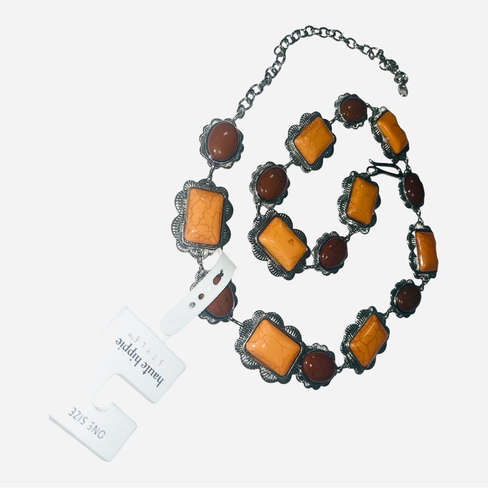 HAUTE HIPPIE CHAIN-STYLE BELT ONE SIZE VINTAGE WOMENS ORANGE/BROWN SILVER PLATED
